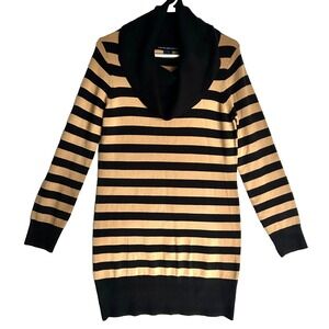 French Connection‎ Euro Cowl Neck Retro Striped Mini Sweater Dress Womens L Tan
